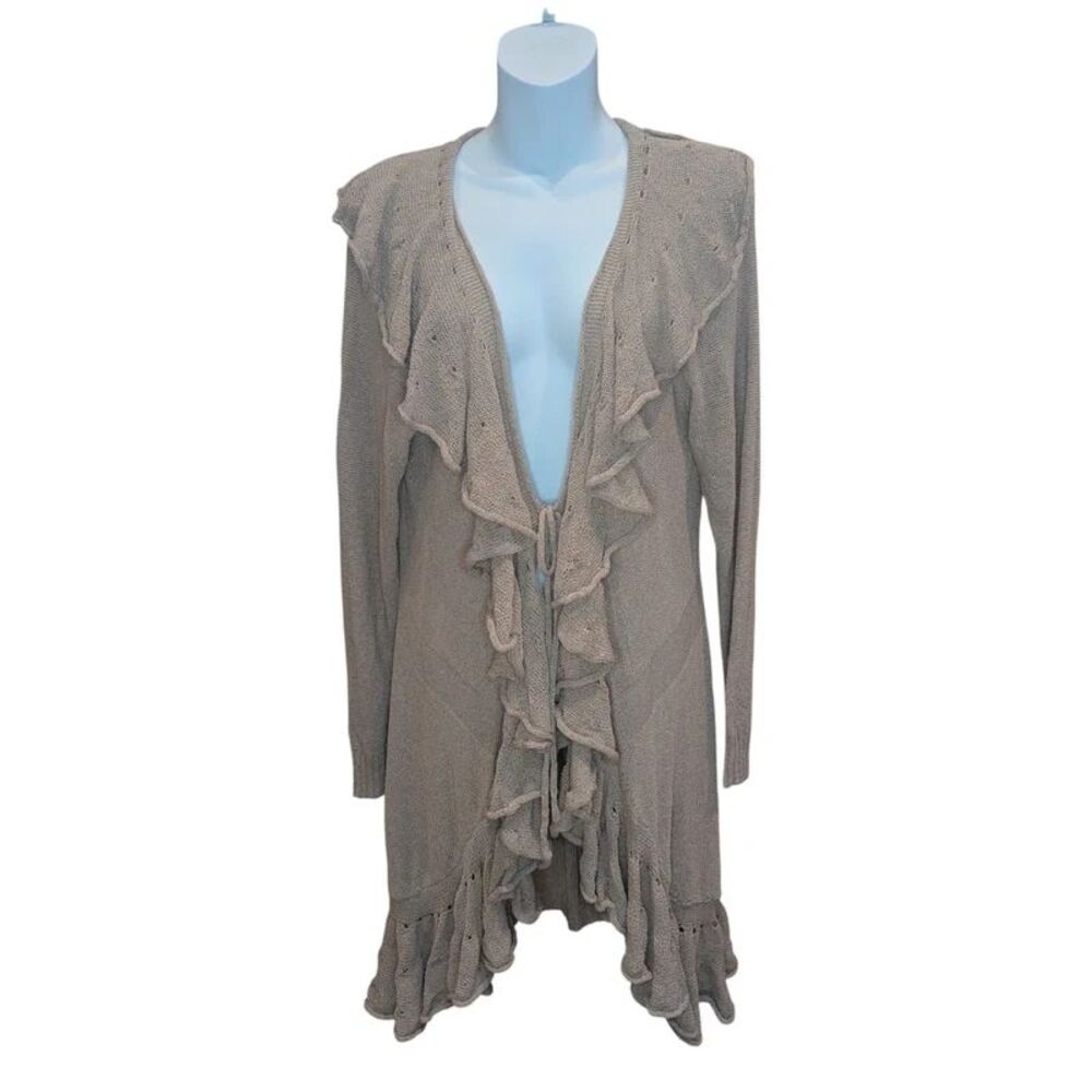 Boho Stretchy Open Knit Weave Ruffle Collar Cardigan Size 0XL